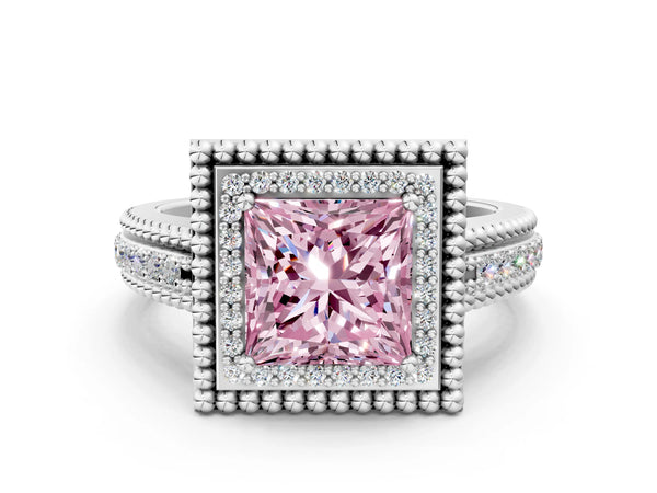 Sterling Silver Princess Cut Beaded Halo Engagement Ring Setting for Fancy Pink Center with Pave