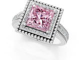 Silver Fancy Pink Princess Cut Halo Diamond Ring with Beaded Split Shank and Four-Prong Setting_7
