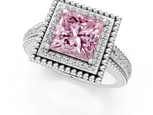 Sterling Silver Princess Cut Beaded Halo Engagement Ring Setting for Fancy Pink Center with Pave