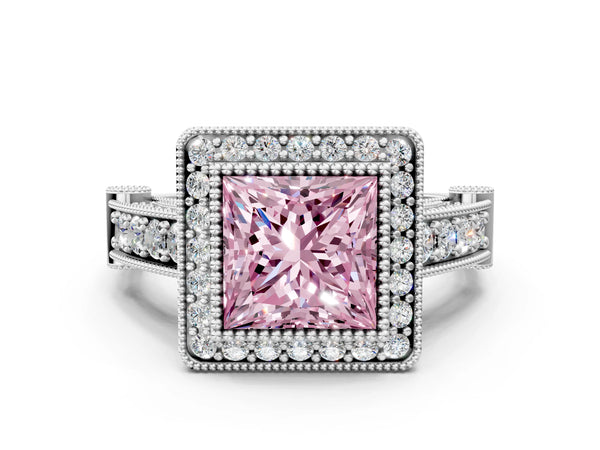 Sterling Silver Princess Cut Vintage Bezel Halo Engagement Ring Setting for Fancy Pink Center