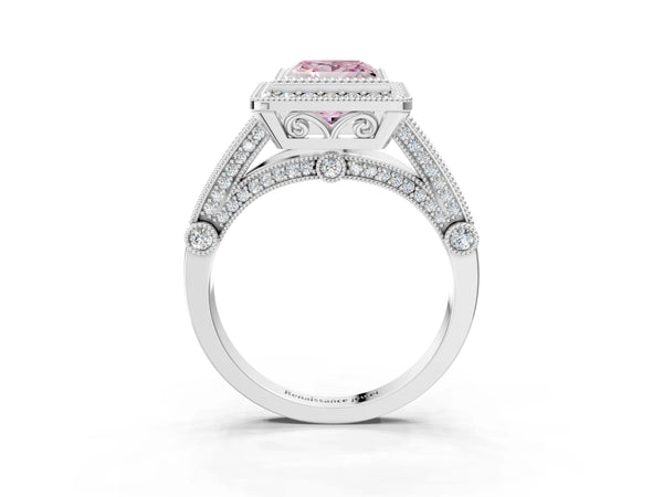 Sterling Silver Princess Cut Vintage Bezel Halo Engagement Ring Setting for Fancy Pink Center