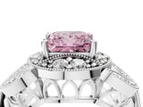 Silver Fancy Pink Princess Cut Halo Milgrain Diamond Engagement Ring with Leaf Band and Four-Prong Setting_10