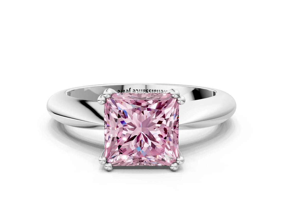 Silver Fancy Pink Princess  Cut Solitaire Engagement Ring with Tapered Band and Four-Prong Setting 2
