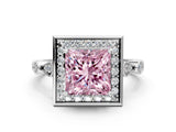 Silver Fancy Pink Princess  Halo Diamond Engagement Ring with Twisted Band and Four-Prong Setting