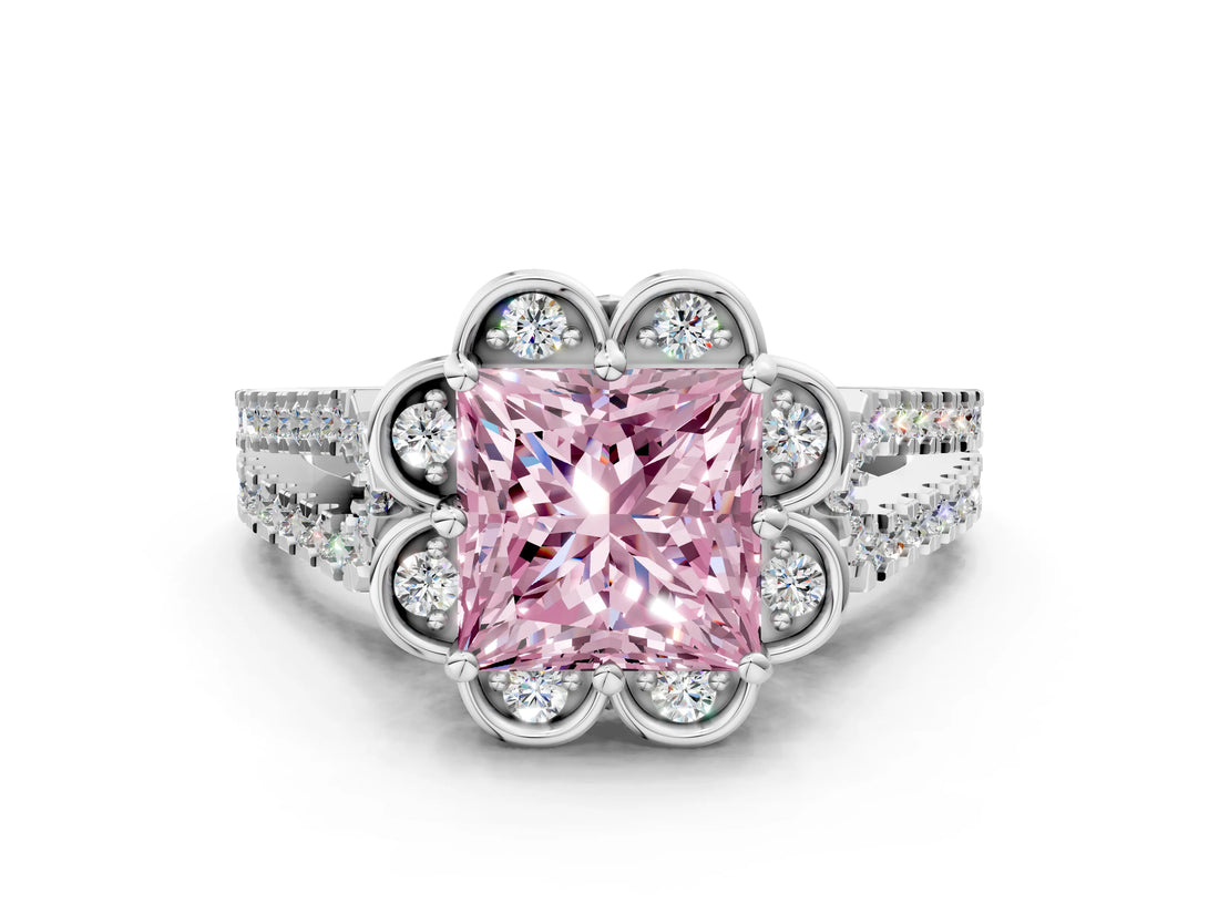 Silver Fancy Pink Princess  Halo Diamond Floral Split Shank Engagement Ring