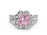 Silver Fancy Pink Princess  Halo Diamond Floral Split Shank Engagement Ring