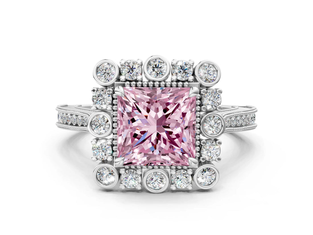 Silver Fancy Pink Princess  Halo Milgrain Pave Diamond Ring with Four-Prong Setting 2