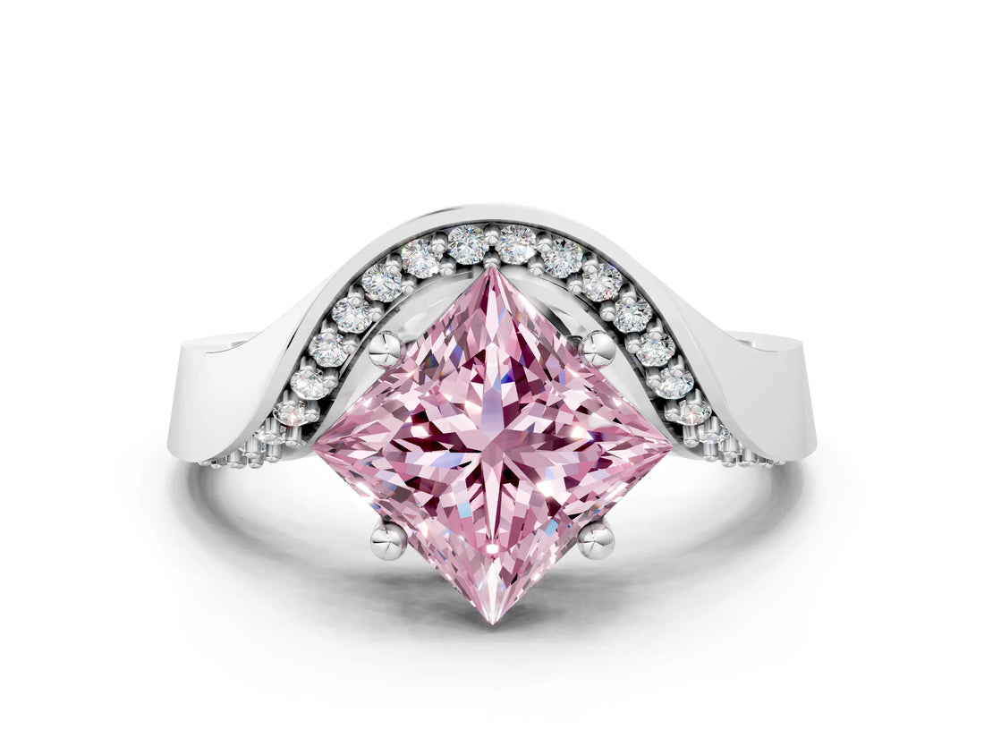 Silver Fancy Pink Princess  Solitaire Diamond Engagement Ring with Pave Band and Four-Prong Setting 1