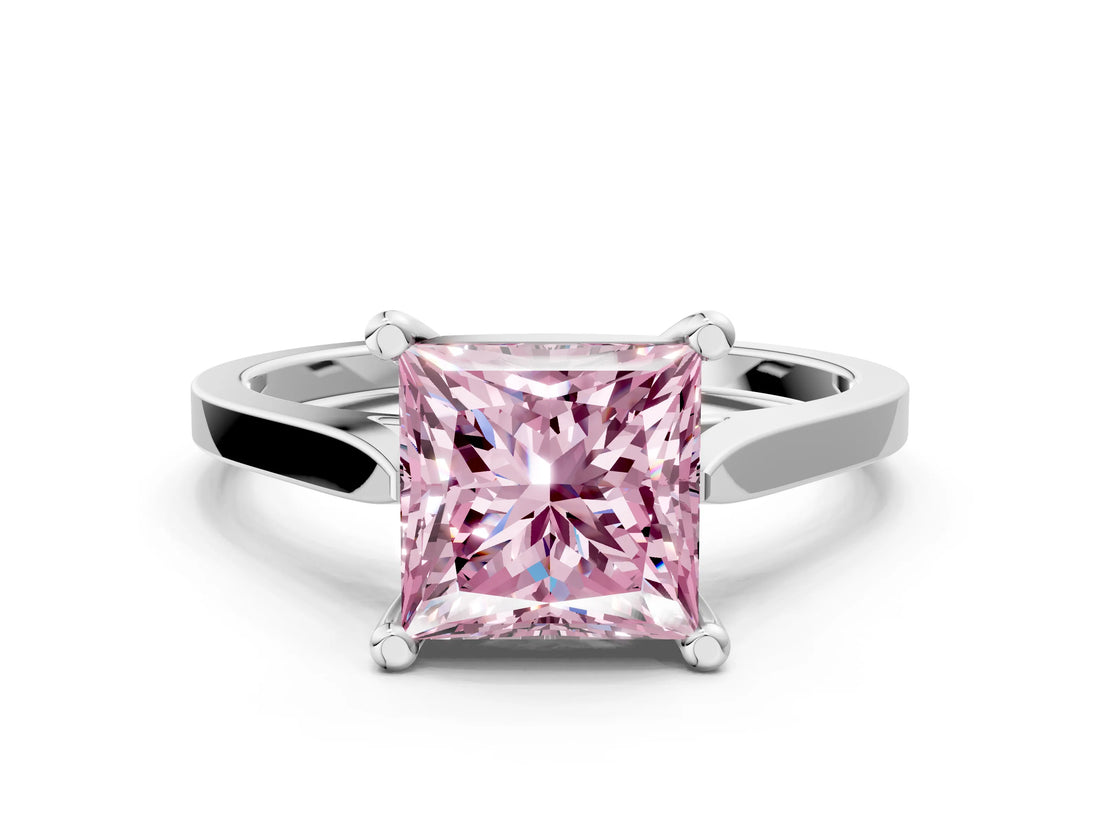 Silver Fancy Pink Princess  Solitaire Diamond Ring with Four-Prong Setting and Tapered Band 1
