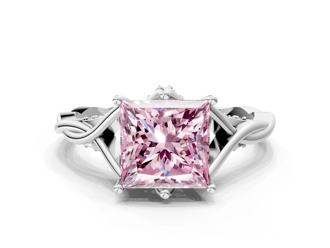 Silver Fancy Pink Princess  Solitaire Twist Band Six-Prong Setting