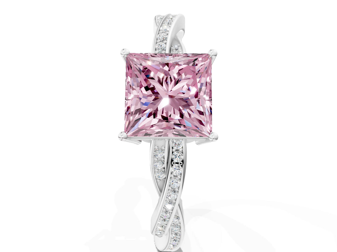 Silver Fancy Pink Princess  Solitaire Twisted Pave Diamond Ring with Four-Prong Setting