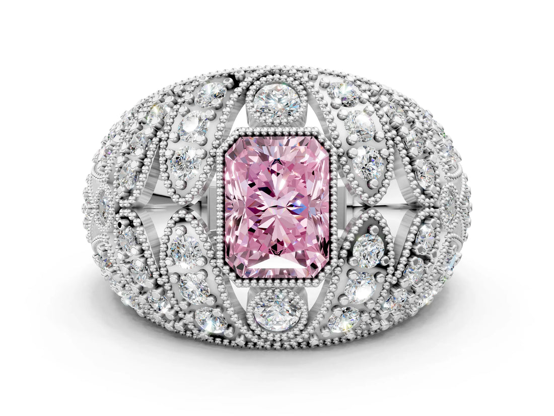 Silver Fancy Pink Radiant Cut Brilliant Halo Pave Diamond Milgrain Ring_6