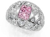 Silver Fancy Pink Radiant Cut Brilliant Halo Pave Diamond Milgrain Ring_7