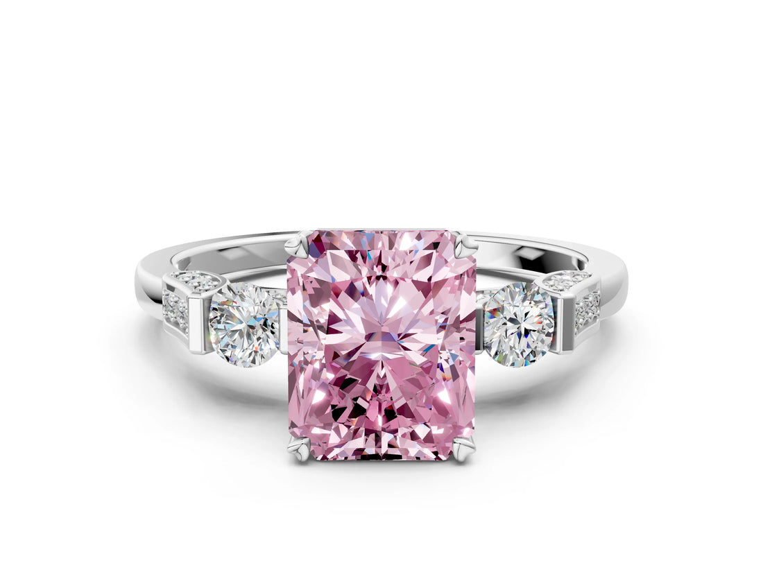 Silver Fancy Pink Radiant Cut Brilliant Three-Stone Pave Band with Four-Prong Setting_6