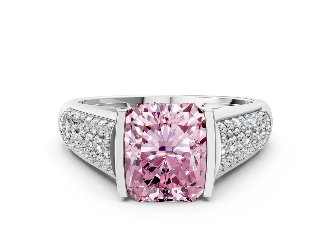 Silver Fancy Pink Radiant Cut Cut Diamond Channel Set Pave Band with Tension Prong Setting_6