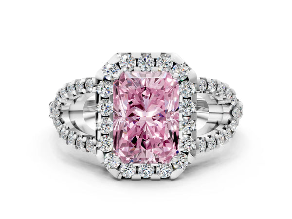 Sterling Silver Radiant Cut Split Shank Pave Halo Engagement Ring Setting for Fancy Pink Center