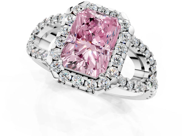 Sterling Silver Radiant Cut Split Shank Pave Halo Engagement Ring Setting for Fancy Pink Center