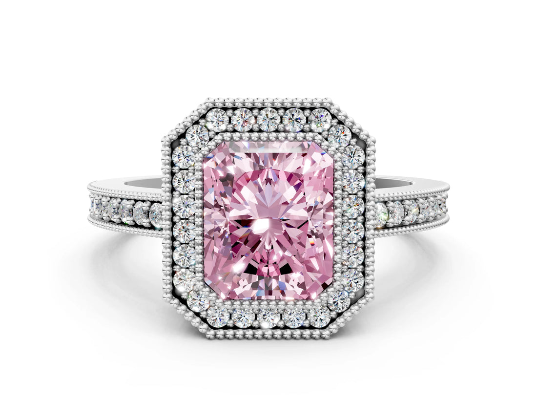 Silver Fancy Pink Radiant Cut-Cut Diamond Halo Engagement Ring with Pave Band and Prong Setting_12