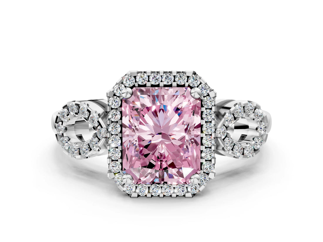 Silver Fancy Pink Radiant Cut Cut Halo Diamond Infinity Band with Four-Prong Setting_6