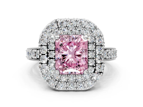 Silver Fancy Pink Radiant Cut Diamond Double Halo Ring with Pavé Band and Four-Prong Setting