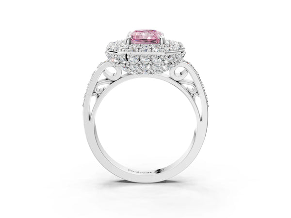 Silver Fancy Pink Radiant Cut Diamond Double Halo Ring with Pavé Band and Four-Prong Setting
