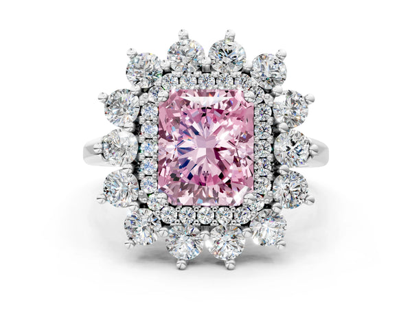 Sterling Silver Radiant Cut Floral Double Halo Engagement Ring Setting for Fancy Pink Center