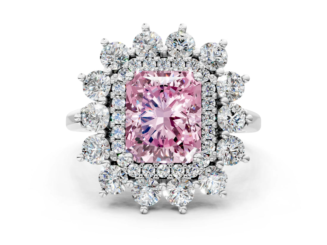Silver Fancy Pink Radiant Cut Diamond Floral Double Halo Engagement Ring with Prong Setting_48