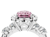 Silver Fancy Pink Radiant  Cut Diamond Floral Halo Engagement Ring with Shared Prong Setting