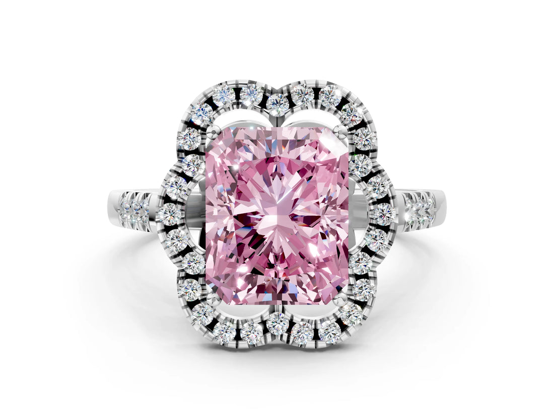 Silver Fancy Pink Radiant Cut Diamond Floral Halo Split Shank Prong Setting Ring_6