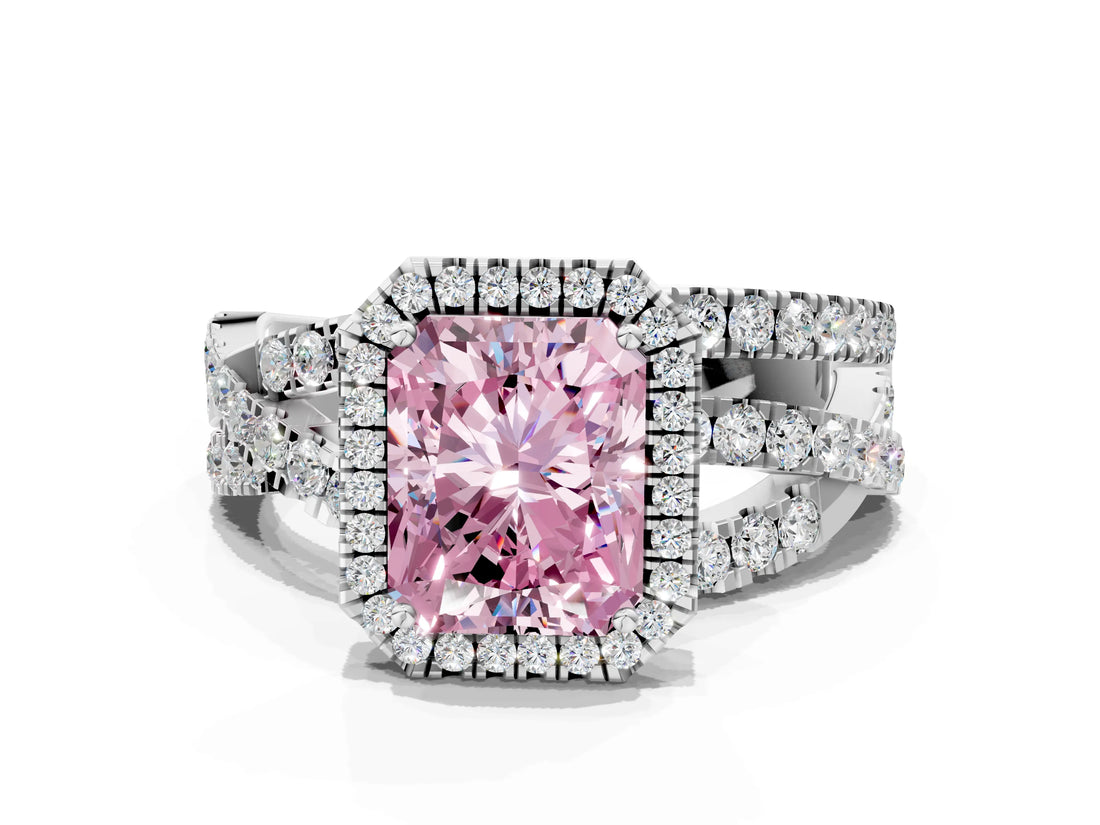 Silver Fancy Pink Radiant Cut Diamond Halo Ring with Round Split Shank and Prong Setting