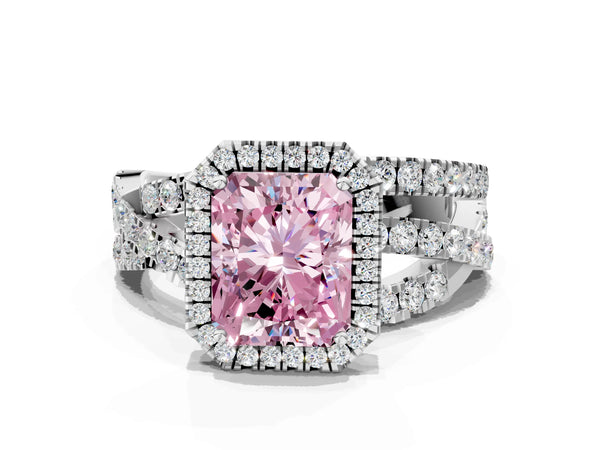 Sterling Silver Radiant Cut Halo Twist Engagement Ring Setting for Fancy Pink Center