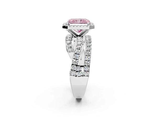Sterling Silver Radiant Cut Halo Twist Engagement Ring Setting for Fancy Pink Center