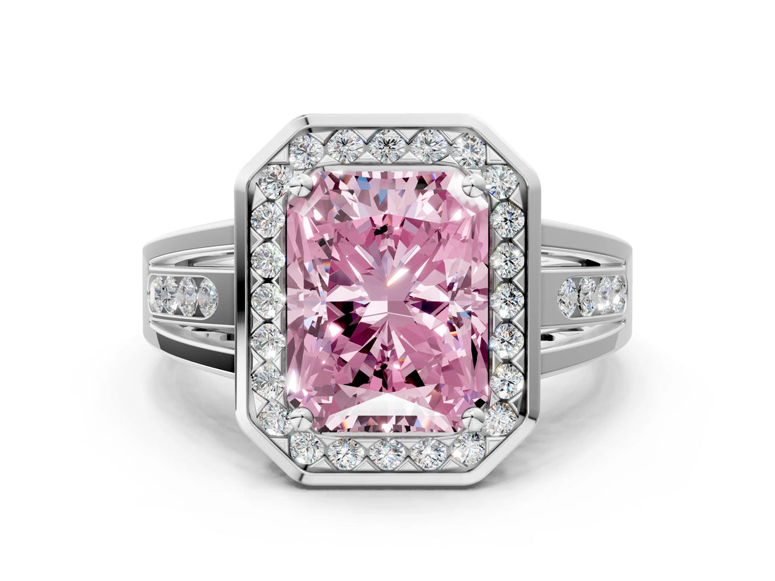 Silver Fancy Pink Radiant Cut Diamond Halo Ring with Split Shank and Bezel Accents and Prong Setting_6