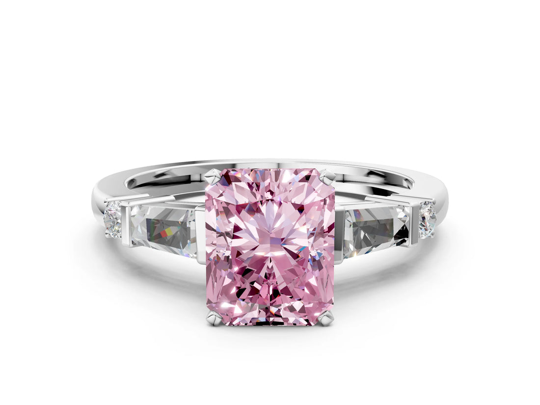 Silver Fancy Pink Radiant  Cut Diamond Ring with Baguette Side Stones, Channel Set Band, and Four-Prong Setting_12