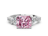 Silver Fancy Pink Radiant Cut Diamond Scattered Round Accent Ring with Prong Setting