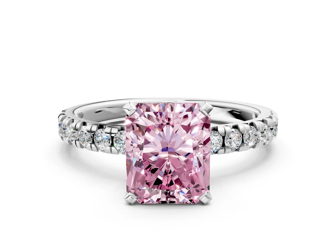 Silver Fancy Pink Radiant Cut Diamond Solitaire Pavé Engagement Ring with Round Band and Prong Setting_1