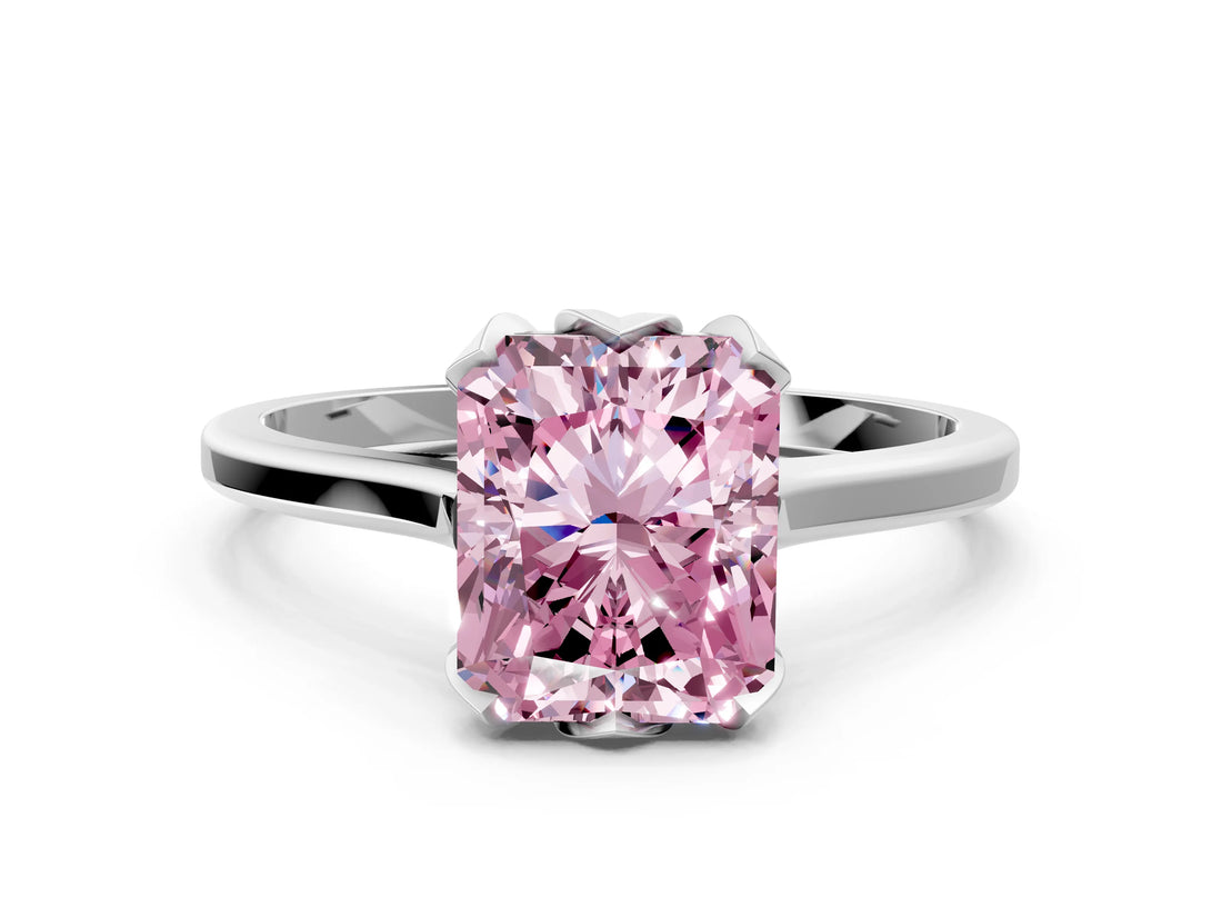 Silver Fancy Pink Radiant Cut Diamond Solitaire Ring with Flower Prong Setting and Classic Band_12