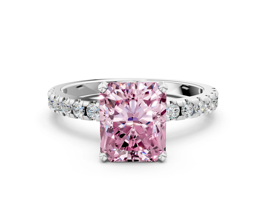 Silver Fancy Pink Radiant Cut Diamond Solitaire Ring with Round  Pavé Band and Four-Prong Setting_42