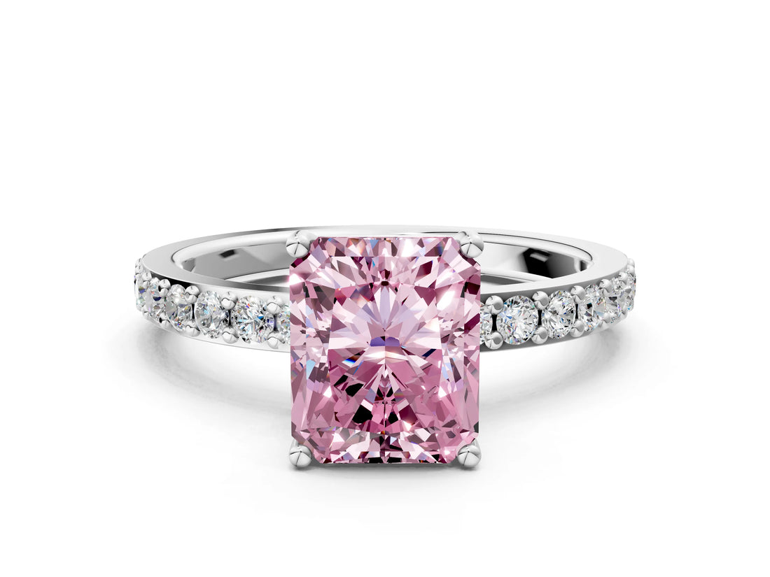 Silver Fancy Pink Radiant  Cut Diamond Solitaire with Pave Band and Four-Prong Setting