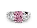 Silver Fancy Pink Radiant Cut Diamond Three-Stone Engagement Ring with Prong Setting and Pavé Band_6
