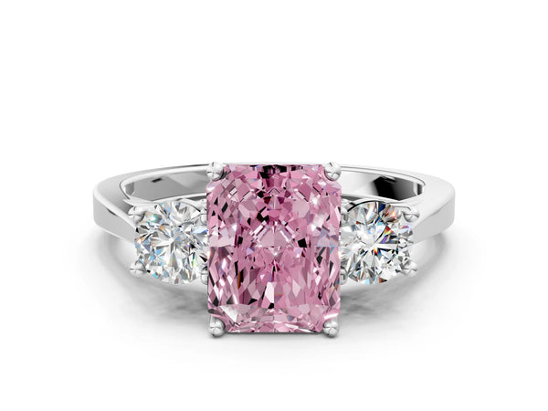 Silver Fancy Pink Radiant Cut Diamond Three-Stone Engagement Ring with Prong Setting and Pavé Band