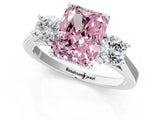 Silver Fancy Pink Radiant Cut Diamond Three-Stone Engagement Ring with Prong Setting and Pavé Band_7