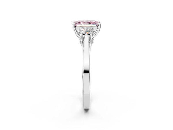 Silver Fancy Pink Radiant Cut Diamond Three-Stone Engagement Ring with Prong Setting and Pavé Band