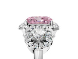 Silver Fancy Pink Radiant Cut Diamond Three-Stone Halo Ring with Prong Setting and Pavé Accents_17