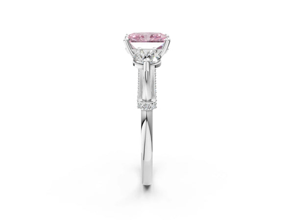 Sterling Silver Radiant Cut Curved Pave Three Stone Engagement Ring Setting for Fancy Pink Center