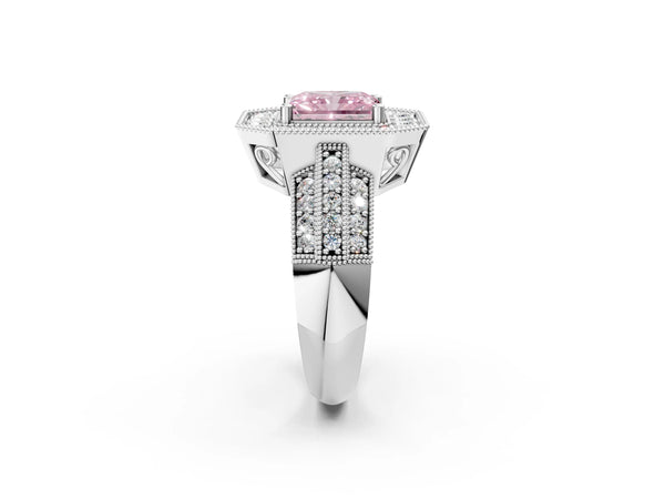 Silver Fancy Pink Radiant Cut Halo Diamond Engagement Ring with Pave Split Shank and Four-Prong Setting