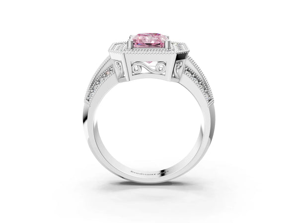 Silver Fancy Pink Radiant Cut Halo Diamond Engagement Ring with Pave Split Shank and Four-Prong Setting
