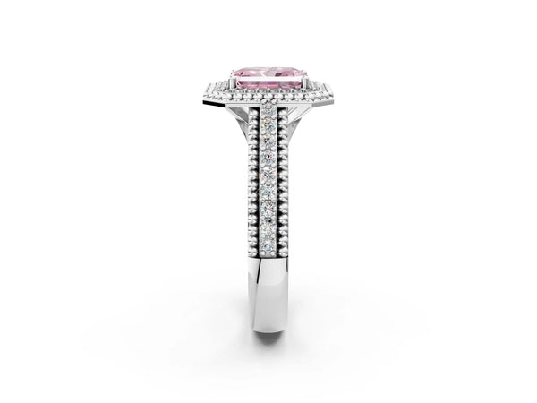 Sterling Silver Radiant Cut Beaded Halo Engagement Ring Setting for Fancy Pink Center with Pave