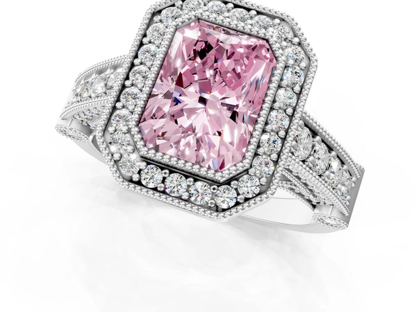 Sterling Silver Radiant Cut Vintage Bezel Halo Engagement Ring Setting for Fancy Pink Center