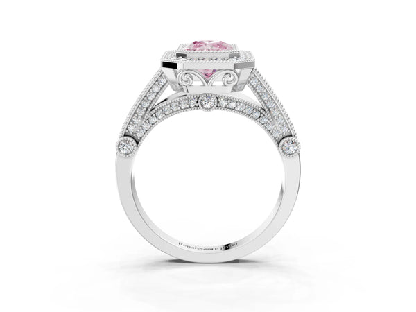 Sterling Silver Radiant Cut Vintage Bezel Halo Engagement Ring Setting for Fancy Pink Center